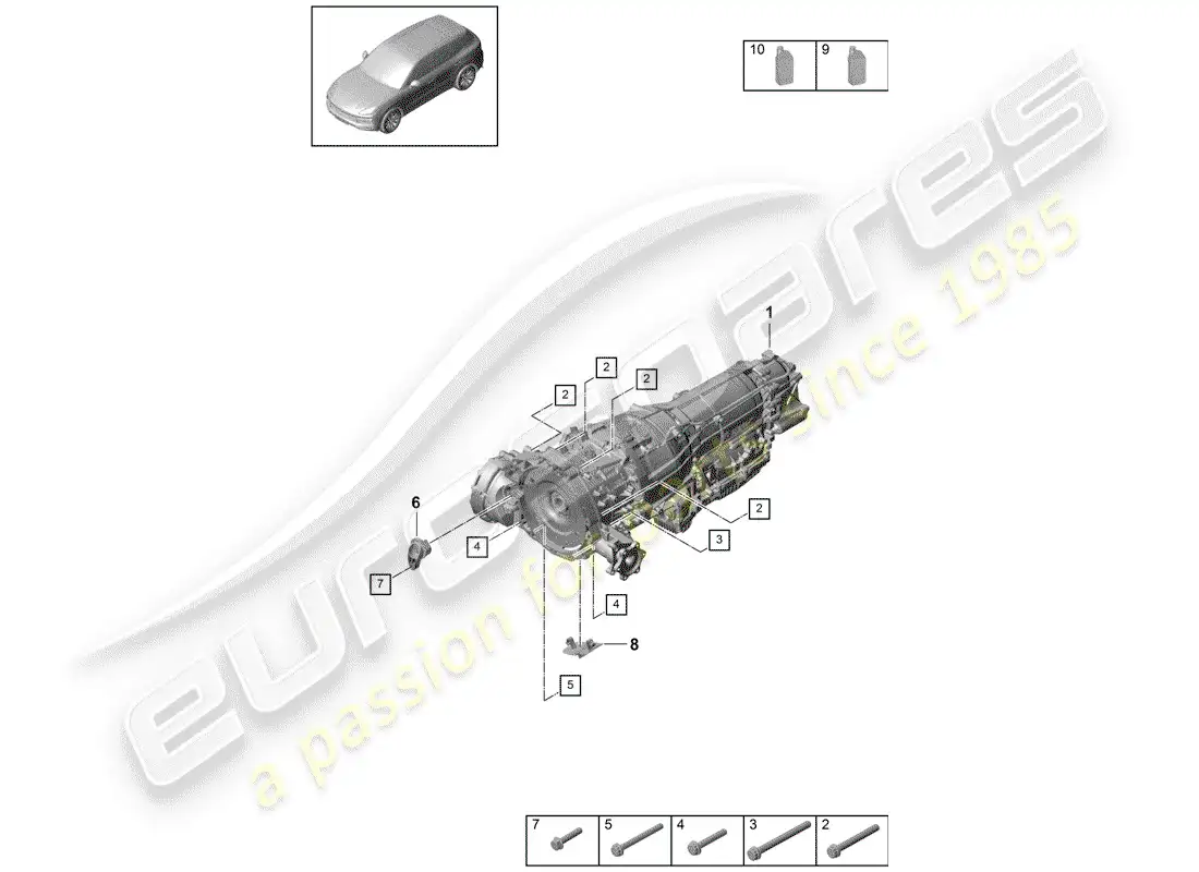 porsche 2018 (cayenne e3 9ya/9yb) 8-speed caja de cambios automática diagrama de piezas