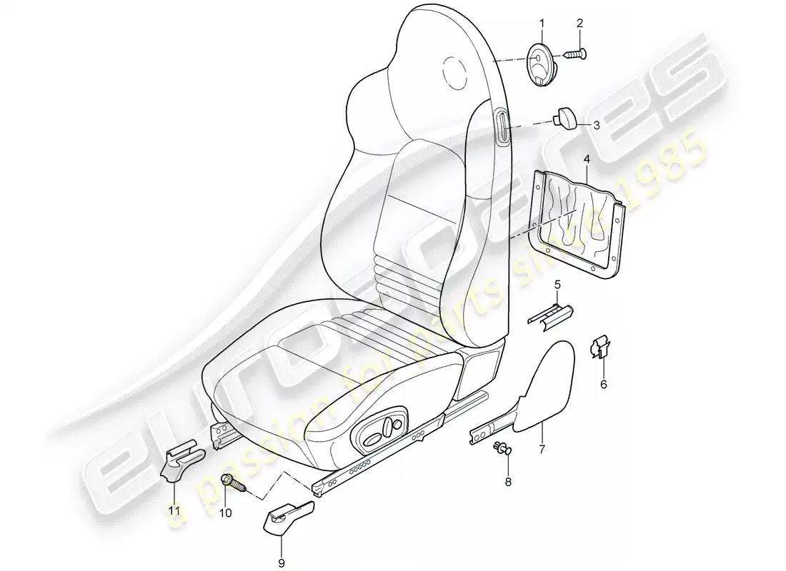porsche 2004 (996 turbo / gt2) diagrama de piezas del asiento deportivo