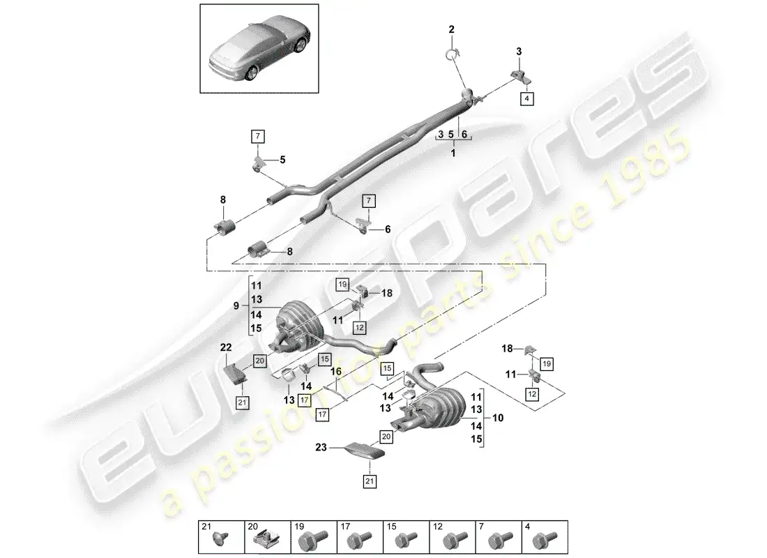 porsche 2019 (panamera 971-1) sistema de escape diagrama de piezas