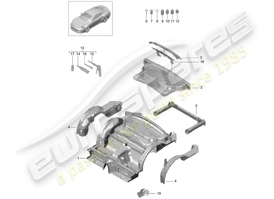 porsche 2020 (991-2 turbo) extremo posterior diagrama de piezas