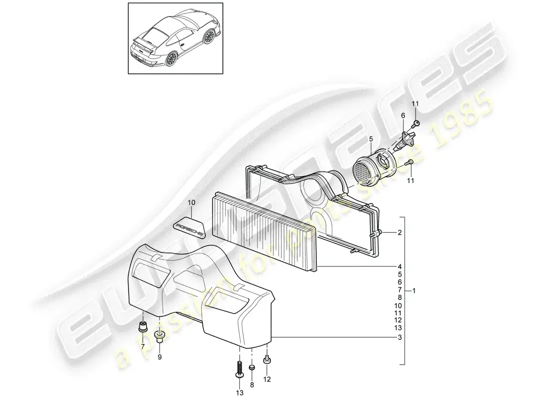 porsche 2008 (997-1 gt3) filtro de aire diagrama de piezas