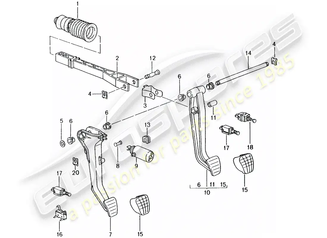porsche 2000 (986 boxster) brake and acc. pedal assembly diagrama de piezas