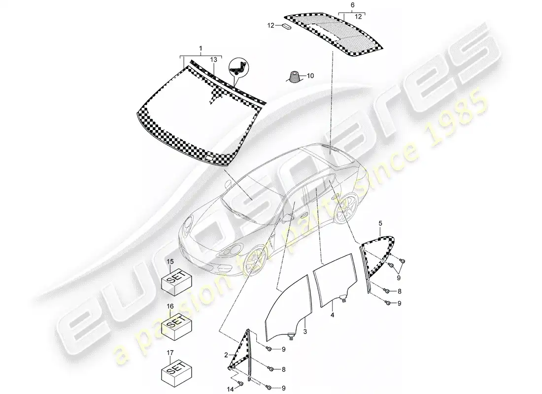 porsche 2013 (panamera 970) acristalamiento de ventanas diagrama de piezas