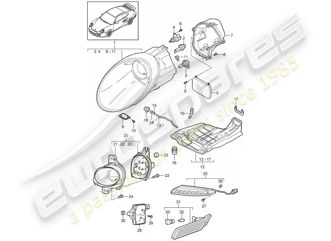 porsche 2012 (997-2 turbo / gt2 rs) lámpara de cabeza diagrama de piezas