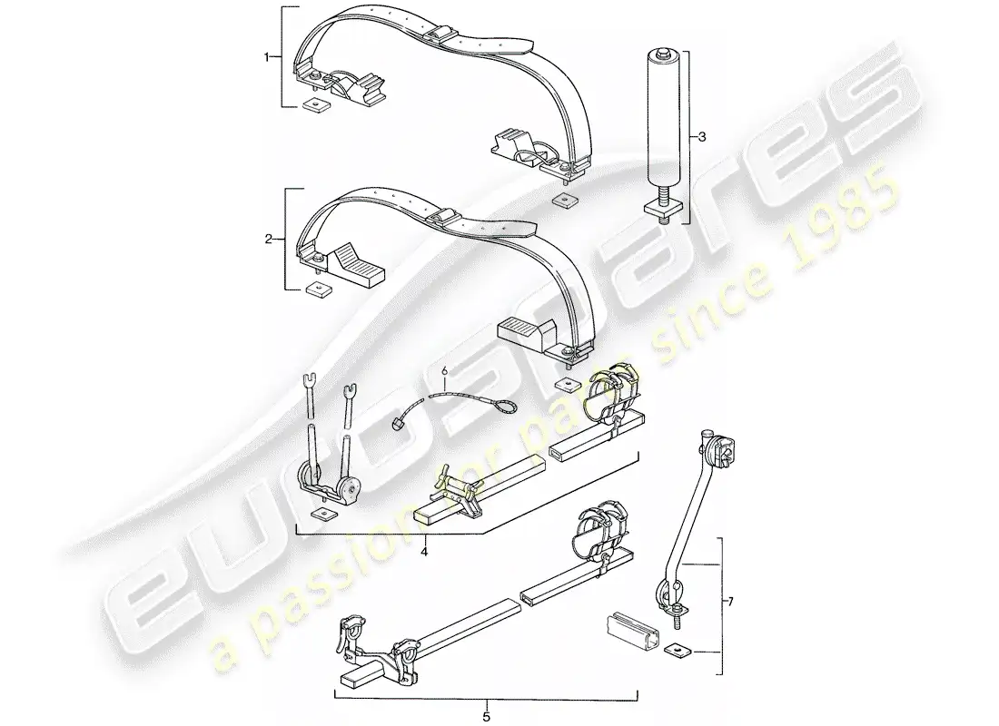 porsche 1987 (911) sistema de transporte de techo diagrama de piezas