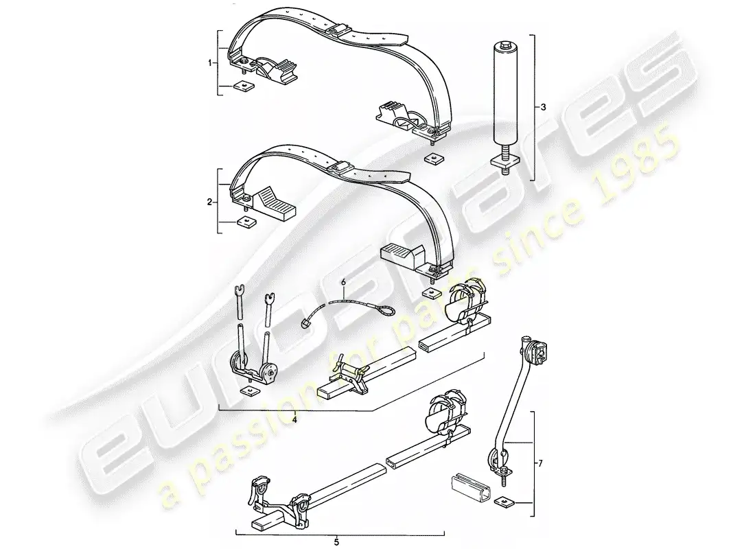 porsche 1985 (911) sistema de transporte de techo diagrama de piezas