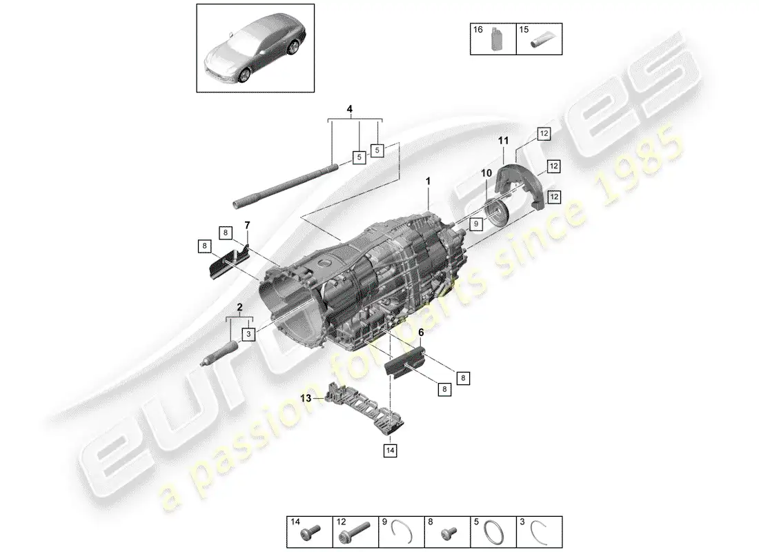 porsche 2017 (panamera 971-1) 8-speed caja de cambios de doble embrague diagrama de piezas