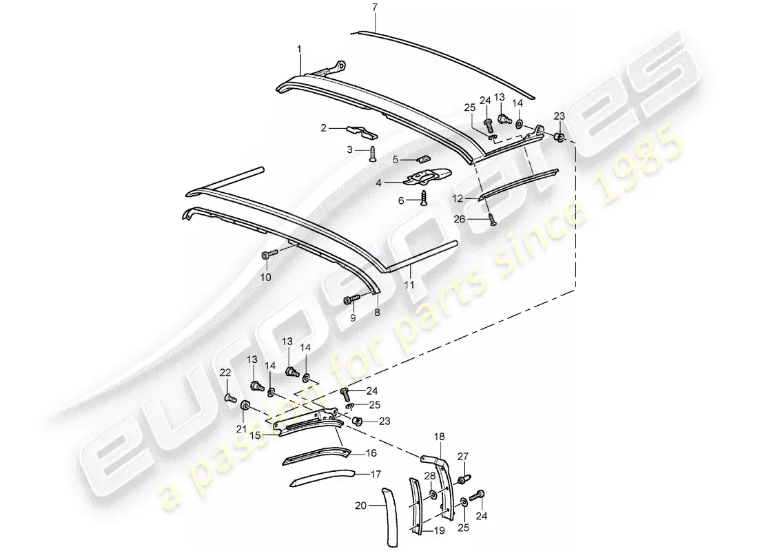 porsche 1990 (964) parte superior plegable - tira de sello - marco del techo diagrama de piezas