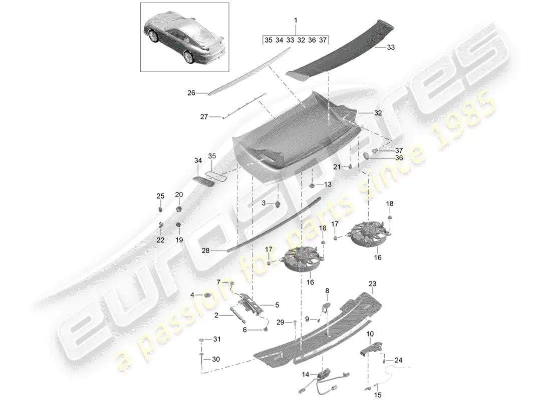 porsche 2016 (991-1 r/gt3/rs) alerón trasero diagrama de piezas