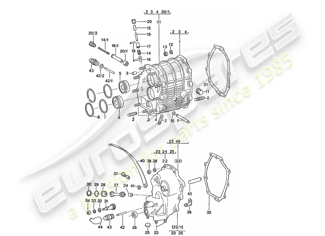 porsche 1974 (911) carcasa de engranajes - tapa de la transmisión diagrama de piezas
