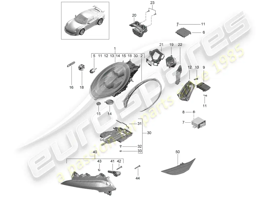 porsche 2016 (991-1 r/gt3/rs) faro led diagrama de piezas