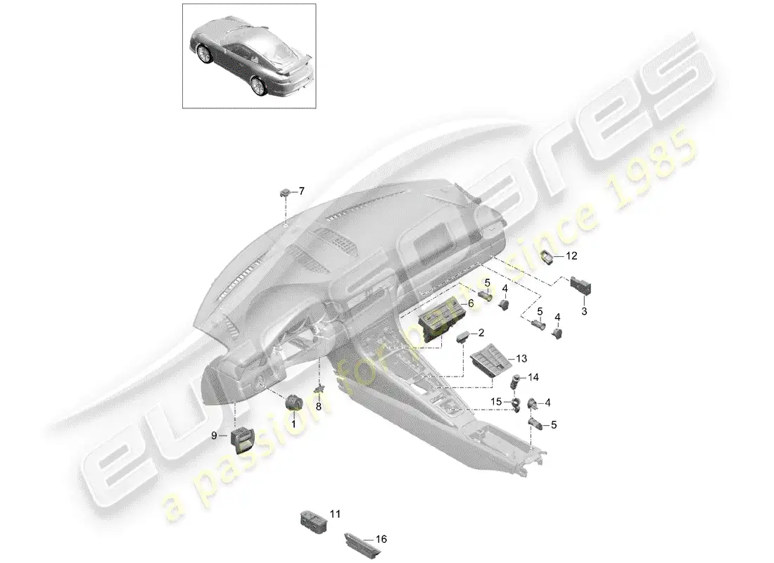 porsche 2016 (991-1 r/gt3/rs) switch diagrama de piezas
