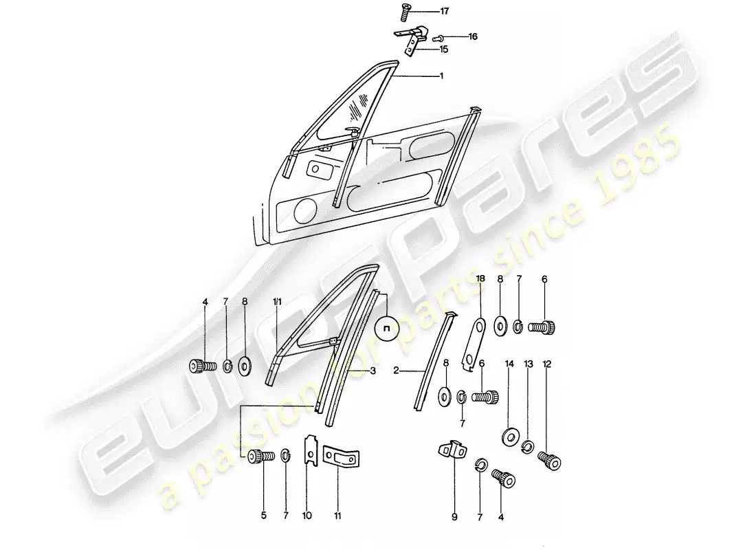 porsche 1975 (911) marco de la ventana diagrama de piezas