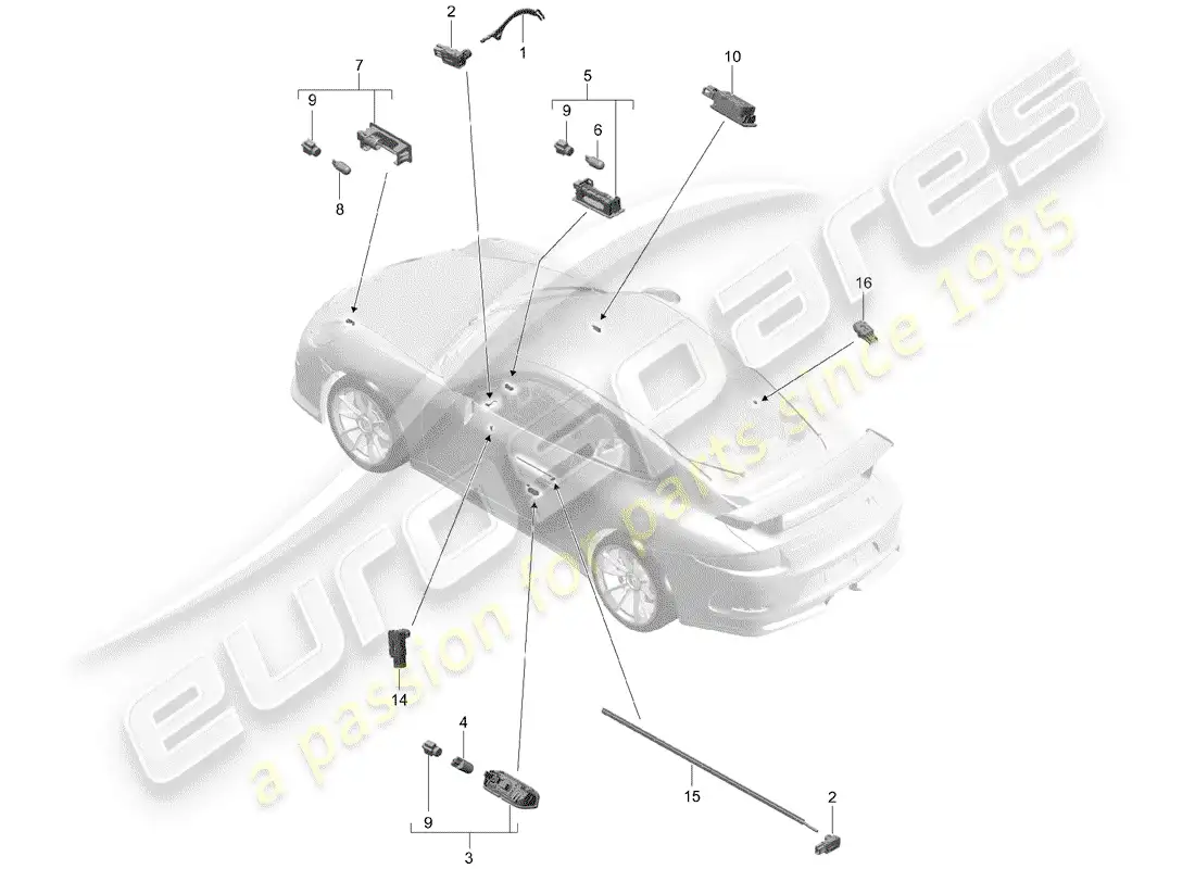 porsche 2016 (991-1 r/gt3/rs) luz interior diagrama de piezas
