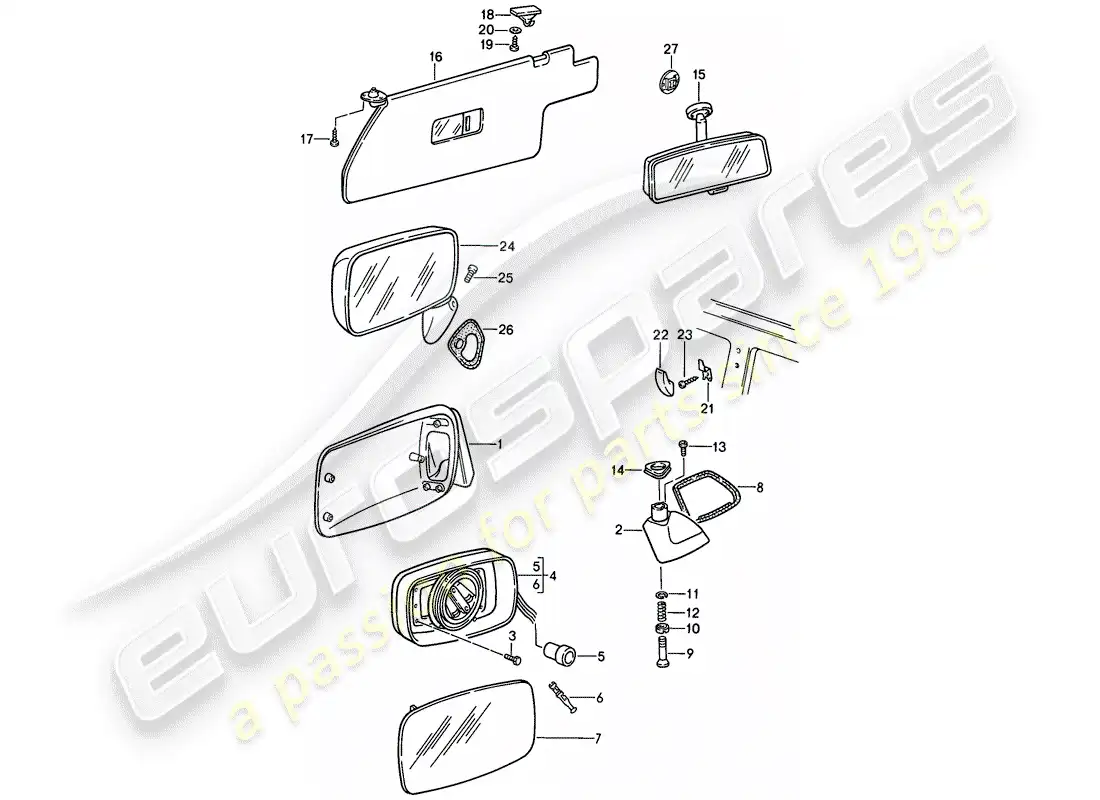 porsche 1986 (944) espejo retrovisor - visera solar - espejo retrovisor diagrama de piezas