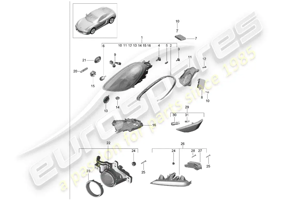porsche 2016 (981 cayman) lámpara de cabeza diagrama de piezas