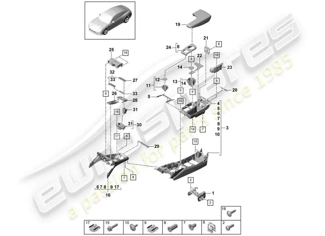 porsche 2020 (panamera 971-1) center console diagrama de piezas