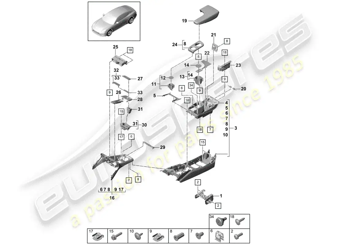 porsche 2019 (panamera 971-1) center console diagrama de piezas