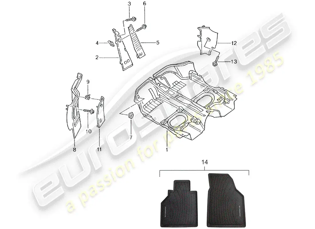 porsche 2005 (996 gt3) cubierta de piso - adornos diagrama de piezas