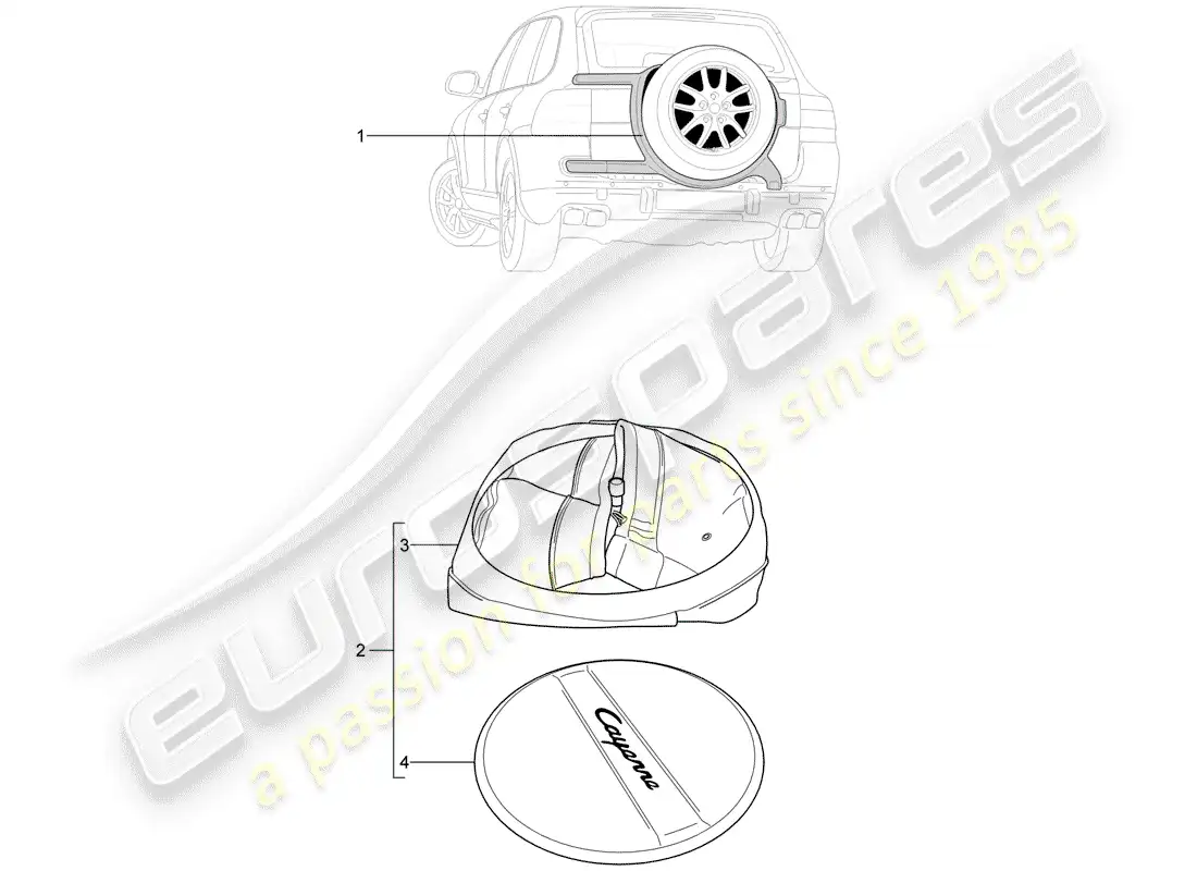 porsche 2004 (tequipment cayenne) soporte para rueda de repuesto diagrama de piezas