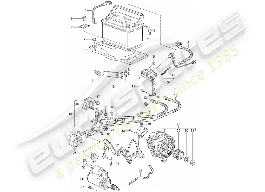 porsche 2008 (997-1 turbo / gt2) diagrama de piezas de la batería