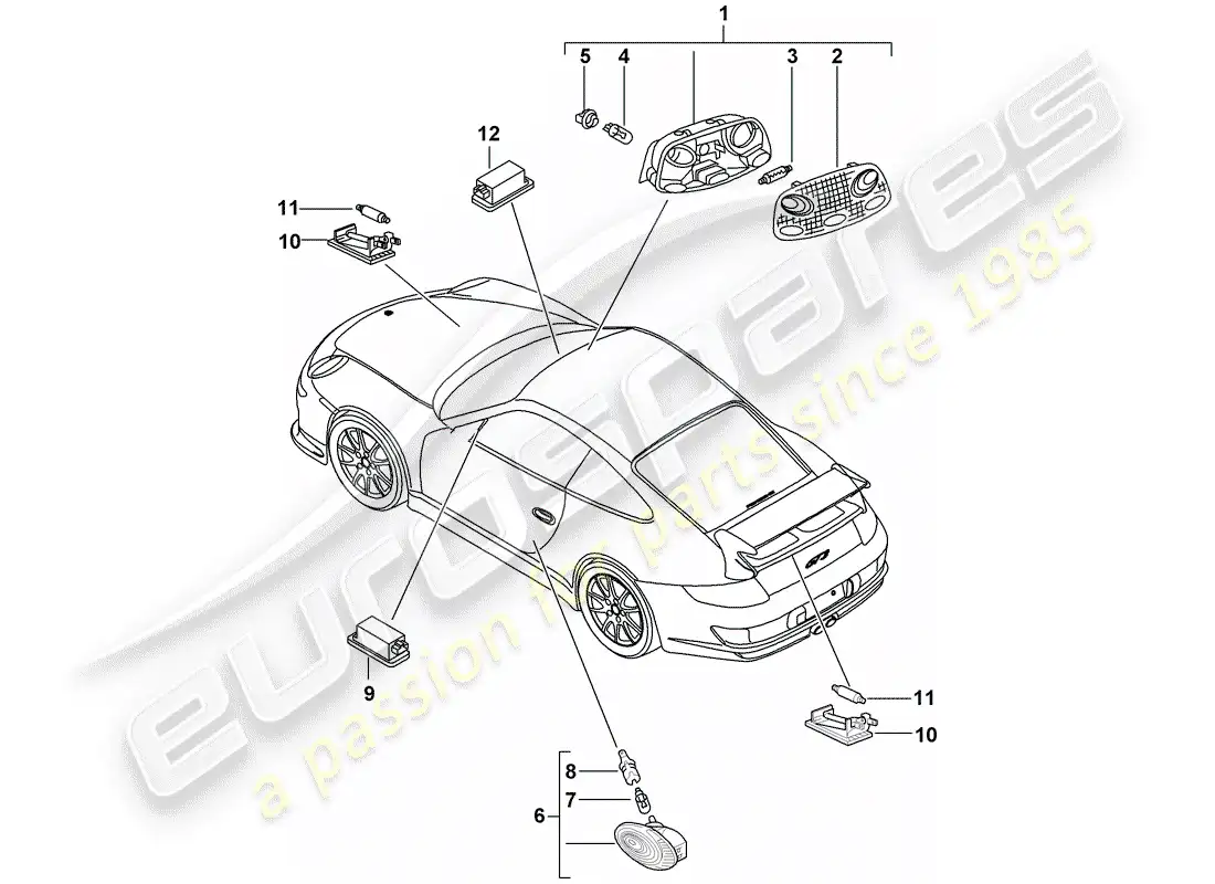 porsche 2011 (997-2 gt3) luces interiores diagrama de piezas