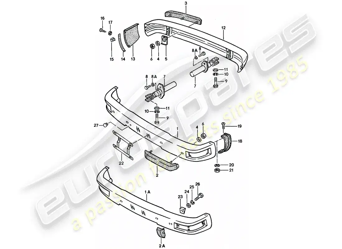 porsche 1982 (924) parachoques - con: - diagrama de piezas del buffer