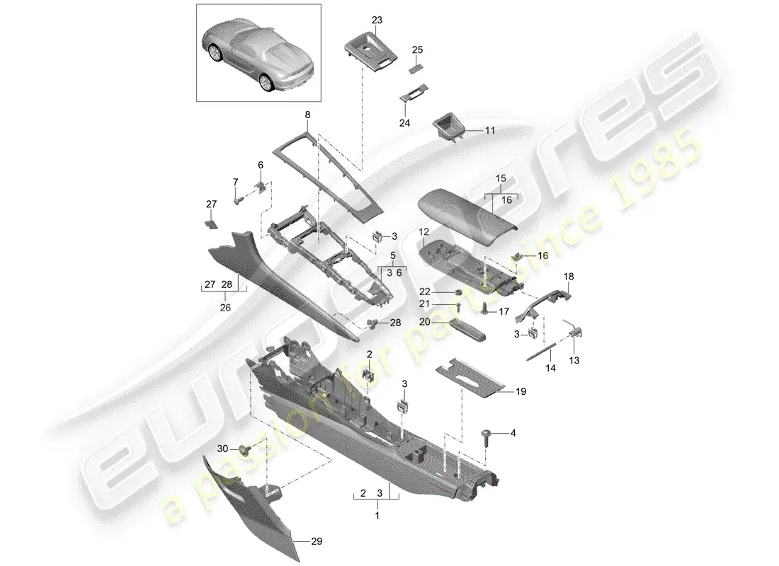 porsche 2016 (981 boxster spyder) center console diagrama de piezas