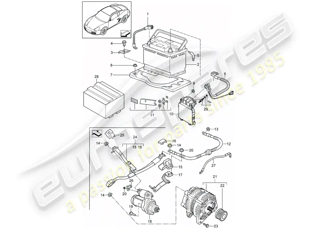 porsche 2010 (987 cayman) batería diagrama de piezas
