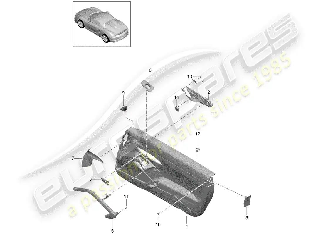 porsche 2016 (981 boxster spyder) panel de la puerta diagrama de piezas