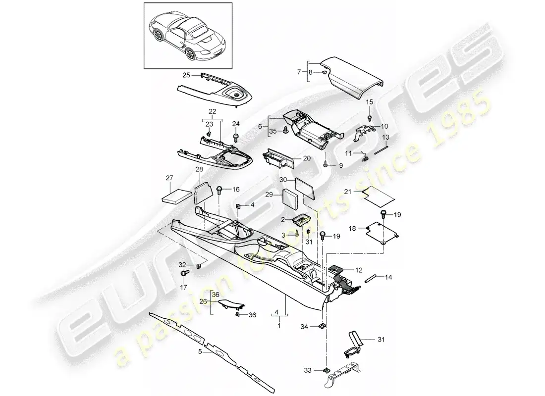 porsche 2012 (987 boxster) center console diagrama de piezas
