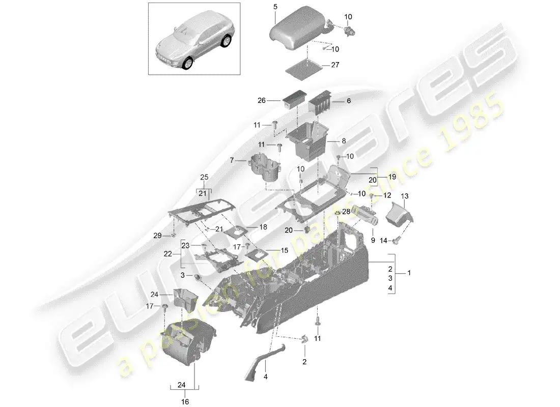 porsche 2016 (macan) center console diagrama de piezas