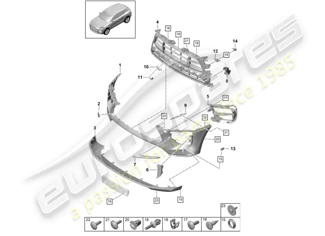 porsche 2020 (macan) parachoques delantero paquete sport design turbo diagrama de piezas