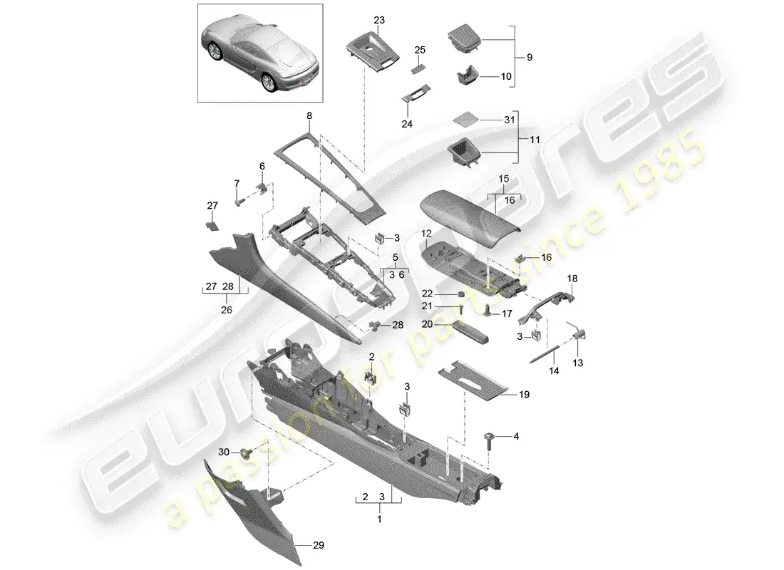 porsche 2016 (981 cayman) center console diagrama de piezas