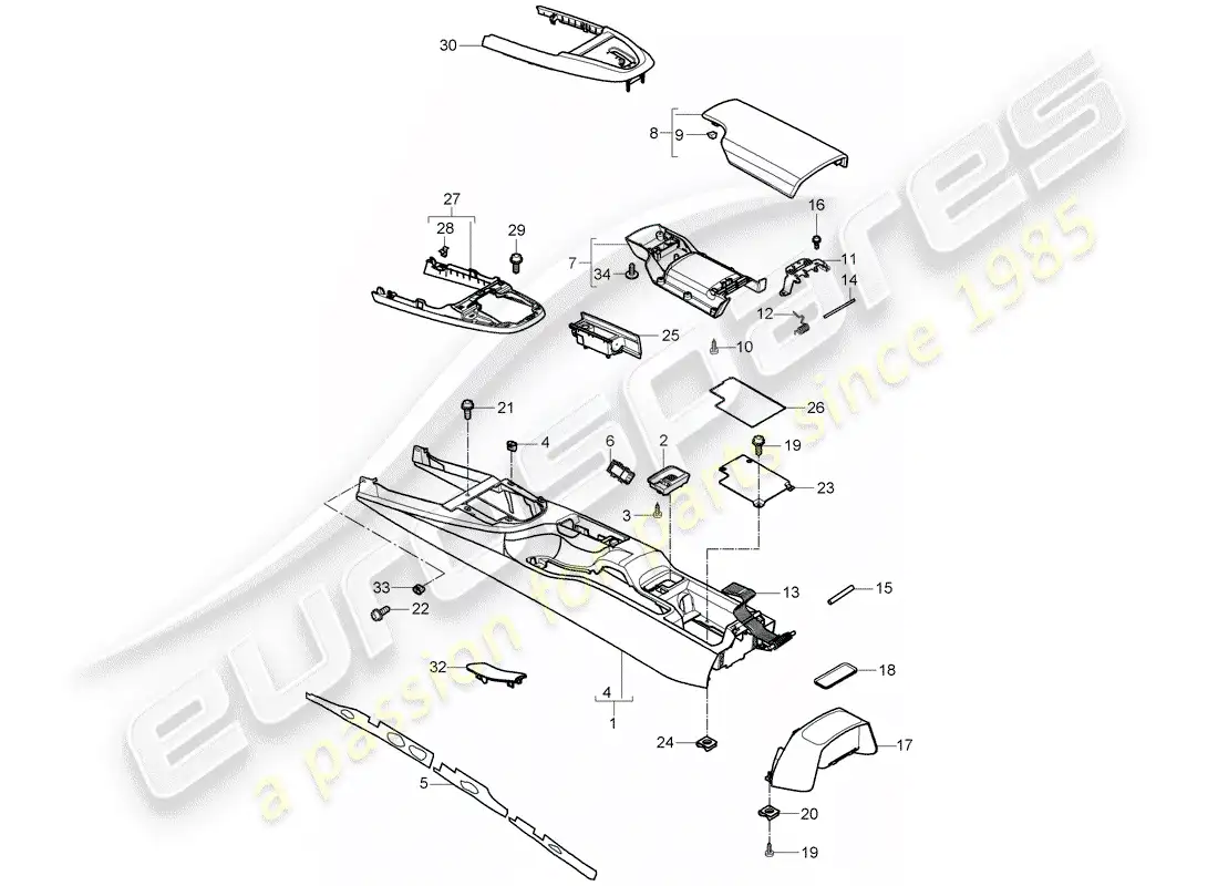 porsche 2007 (997-1 gt3) center console diagrama de piezas
