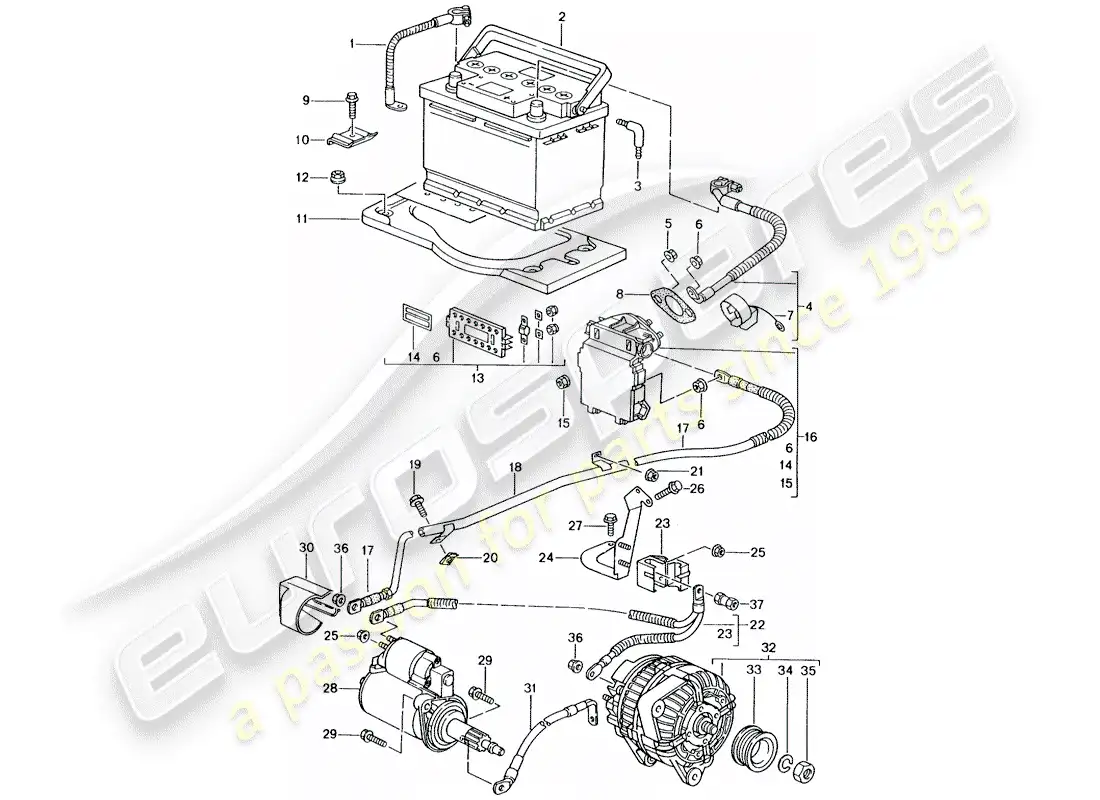 porsche 2004 (996 gt3) bateria - caja de conexiones - arranque - alternador - interruptor de bateria principal diagrama de piezas