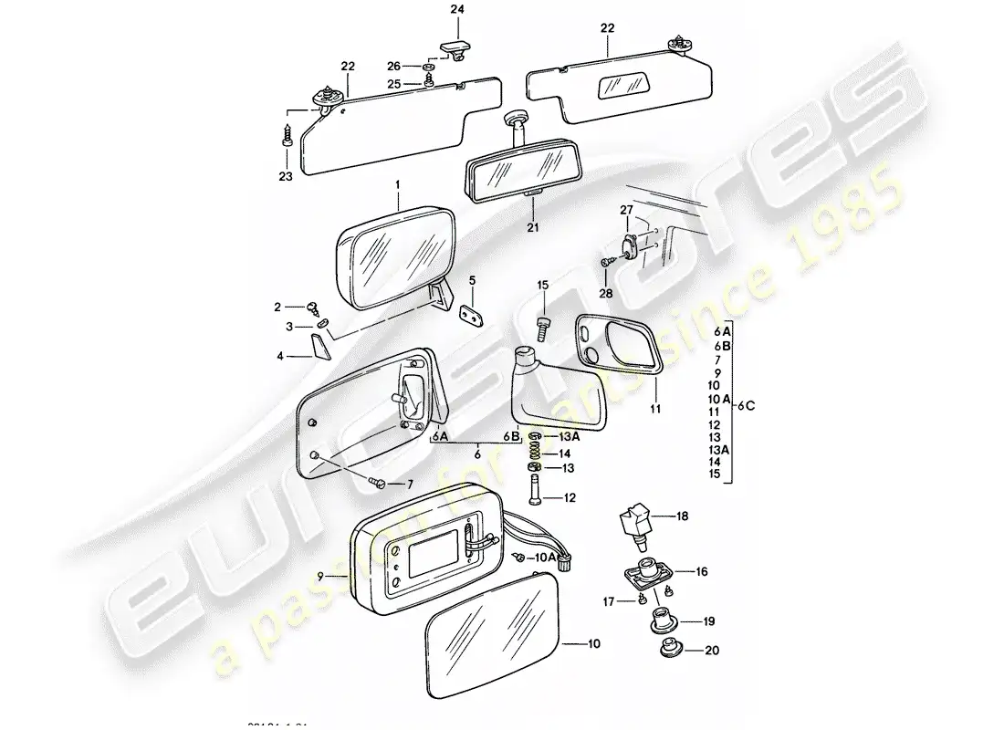 porsche 1977 (924) espejo retrovisor - espejo retrovisor interior - visor solar diagrama de piezas