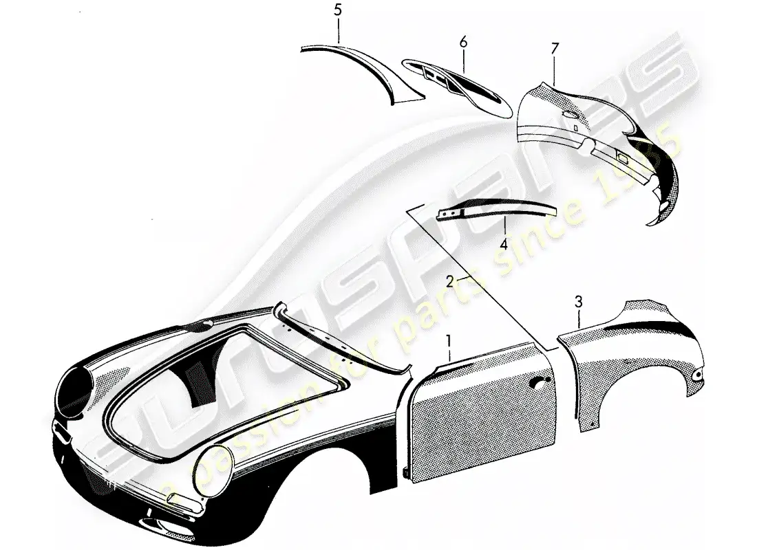 porsche 1963 (356b/356c) paneles exteriores - guardabarros diagrama de piezas