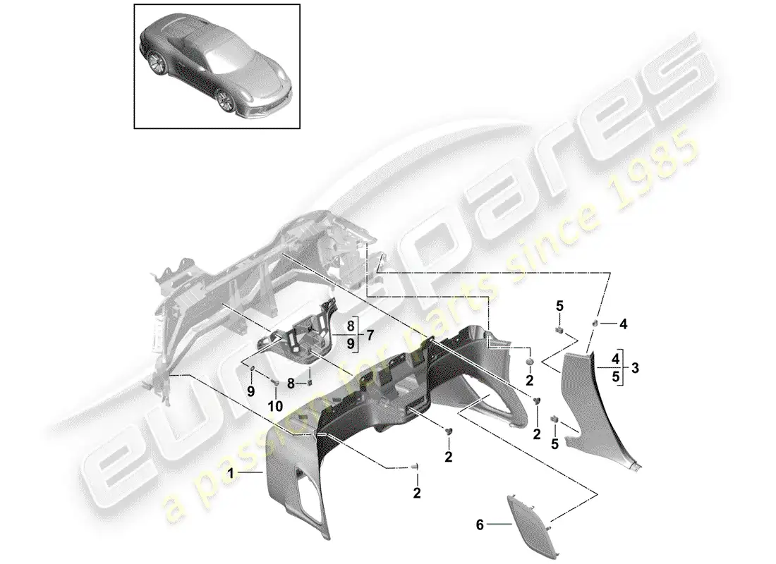 porsche 2016 (991-1 r/gt3/rs) panel embellecedor para panel trasero diagrama de piezas