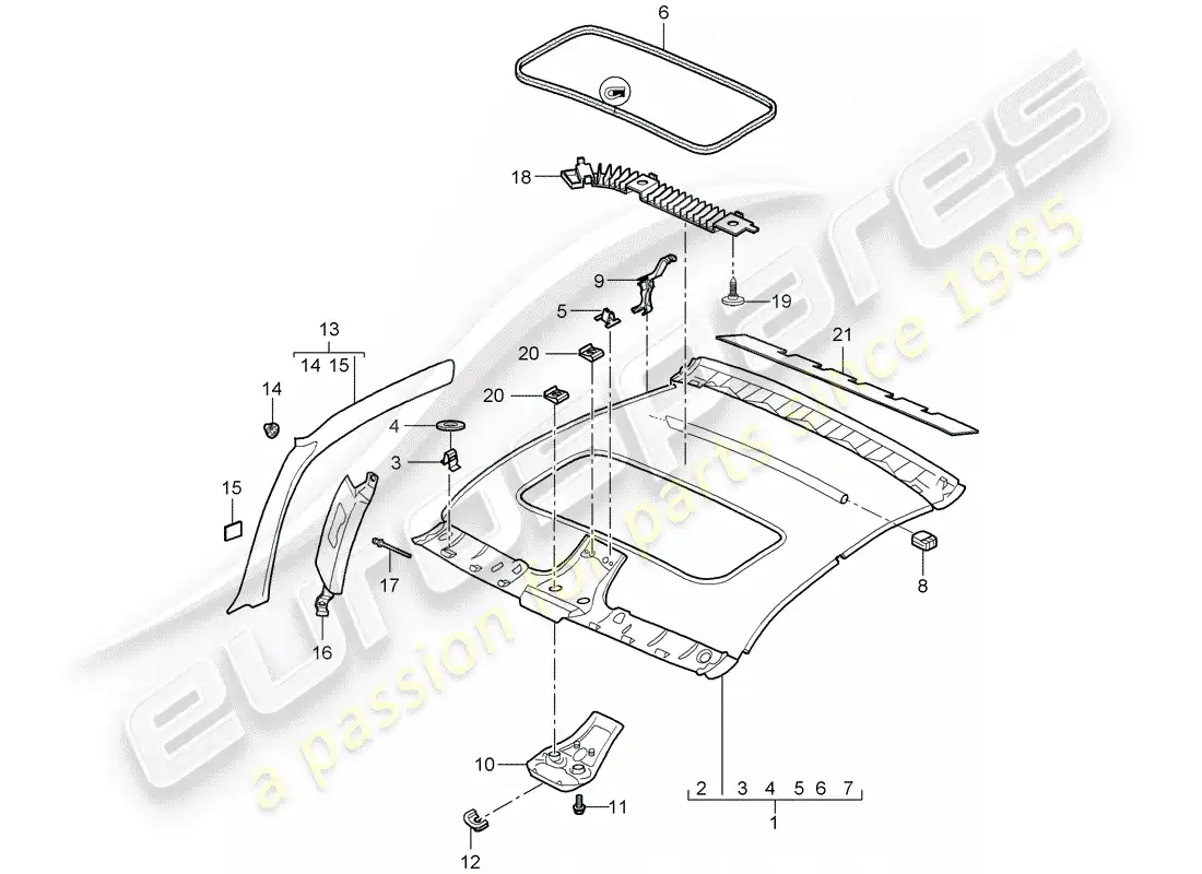 porsche 2007 (997-1) diagrama de piezas del panel de acabado del techo