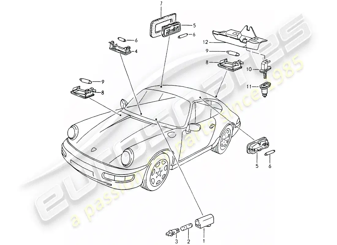 porsche 1991 (964) luces interiores - luz del maletero - luz del maletero del motor diagrama de piezas