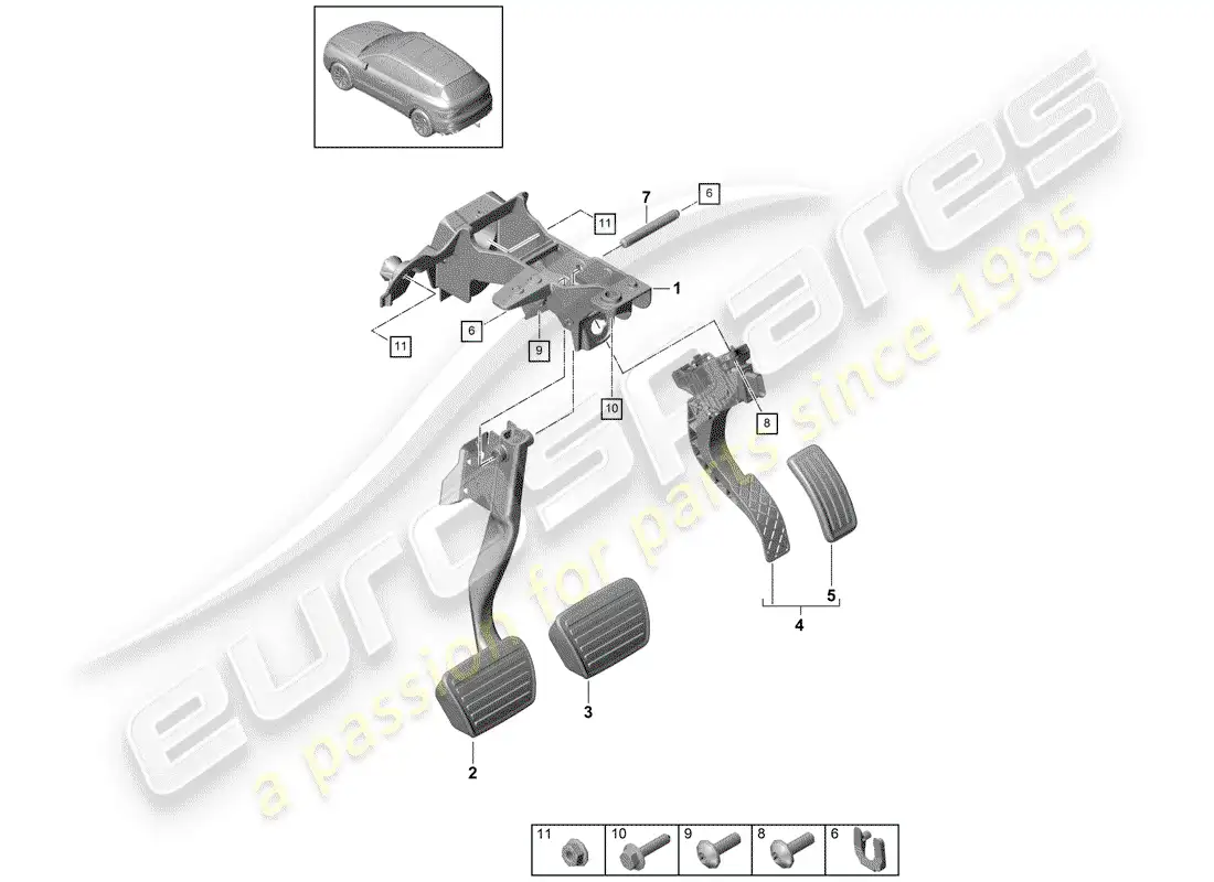 porsche 2019 (cayenne e3 9ya/9yb) brake and acc. pedal assembly diagrama de piezas