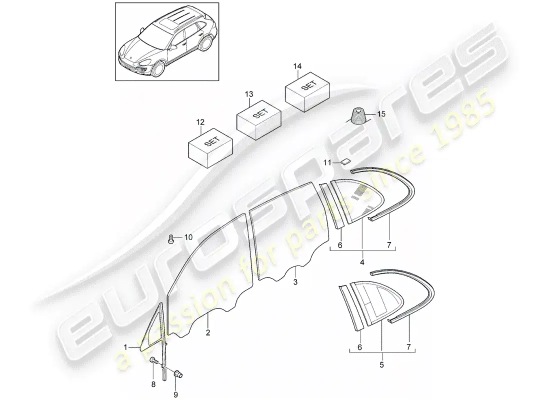 porsche 2013 (cayenne e2 92a) diagrama de piezas de vidrios para ventanas