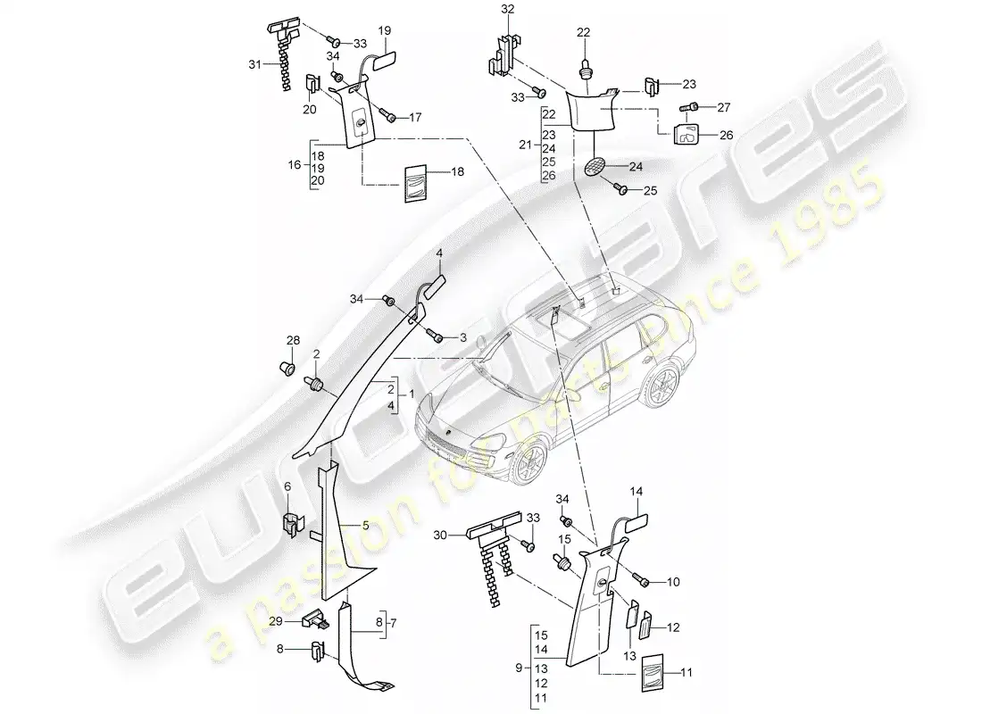 porsche 2007 (cayenne e1 9pa) adornos diagrama de piezas