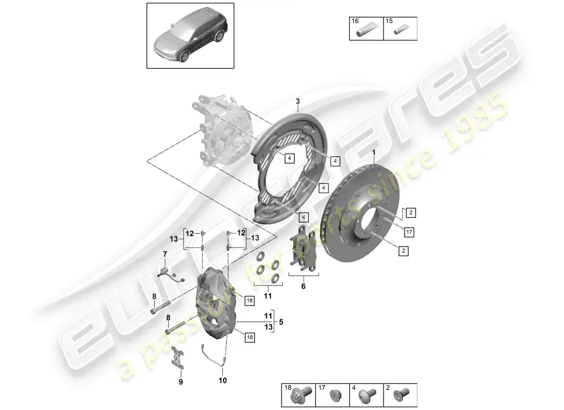 porsche 2018 (cayenne e3 9ya/9yb) frenos de disco diagrama de piezas