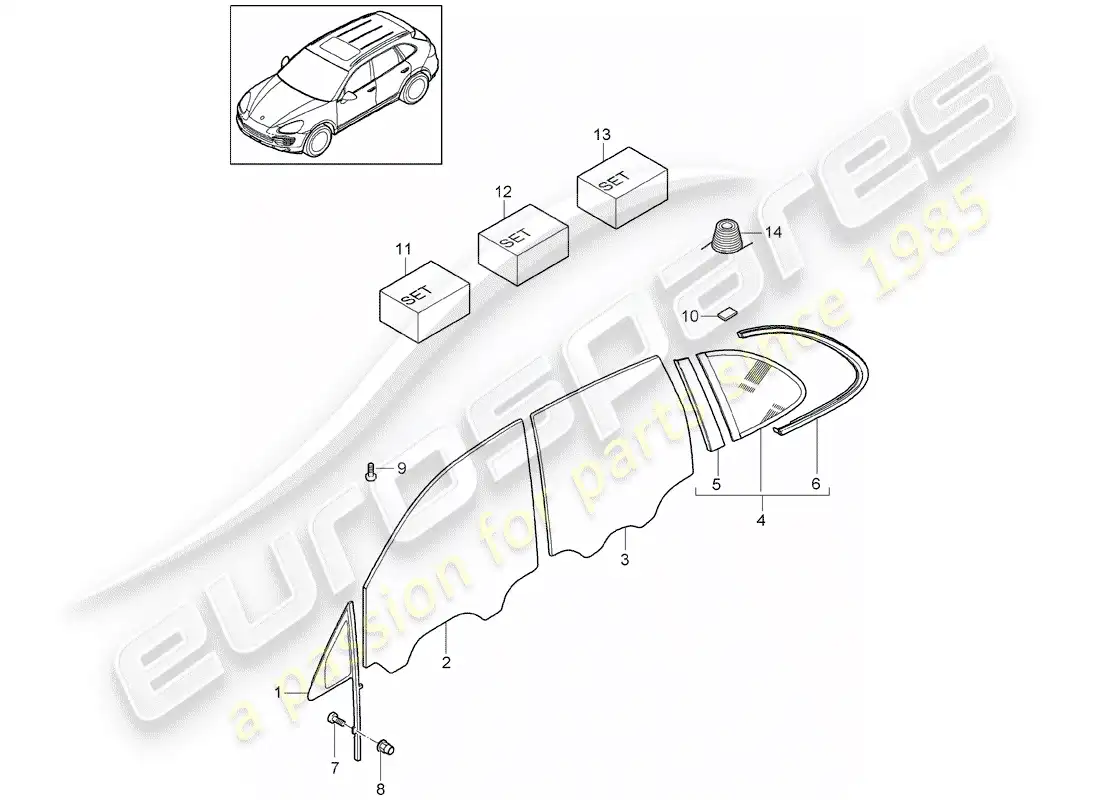 porsche 2013 (cayenne e2 92a) diagrama de piezas de vidrios para ventanas