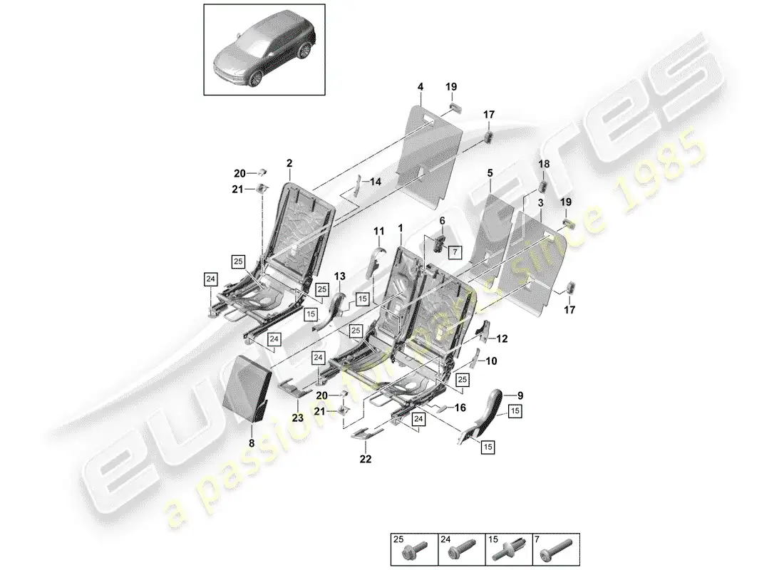porsche 2018 (cayenne e3 9ya/9yb) respaldo del asiento trasero diagrama de piezas