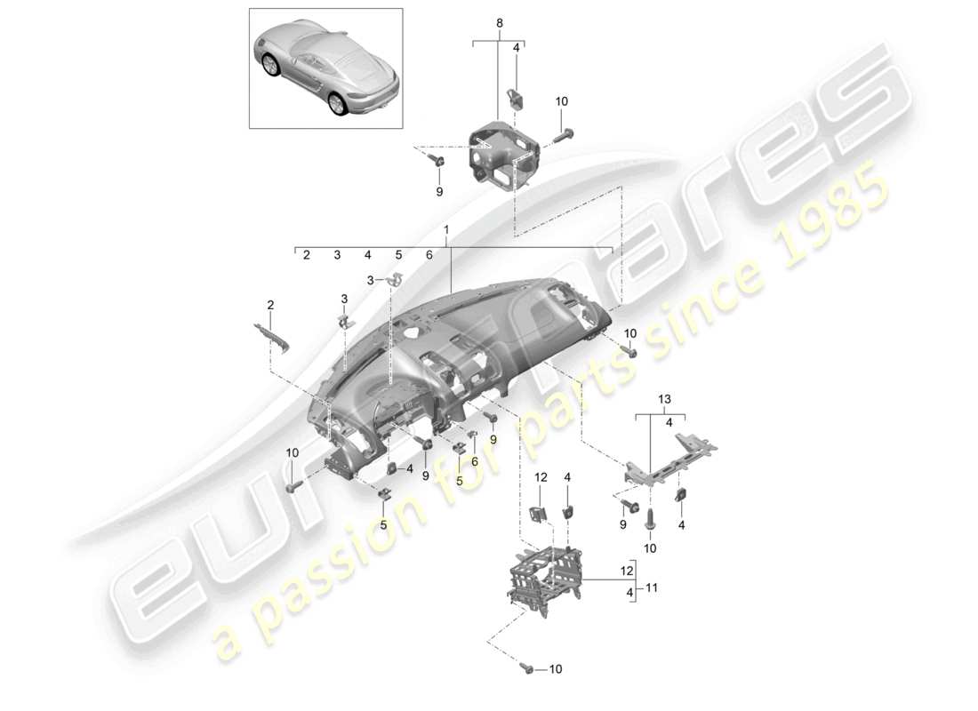 porsche 2024 (718 cayman) moldura del panel de instrumentos parte superior con: sujetadores diagrama de piezas