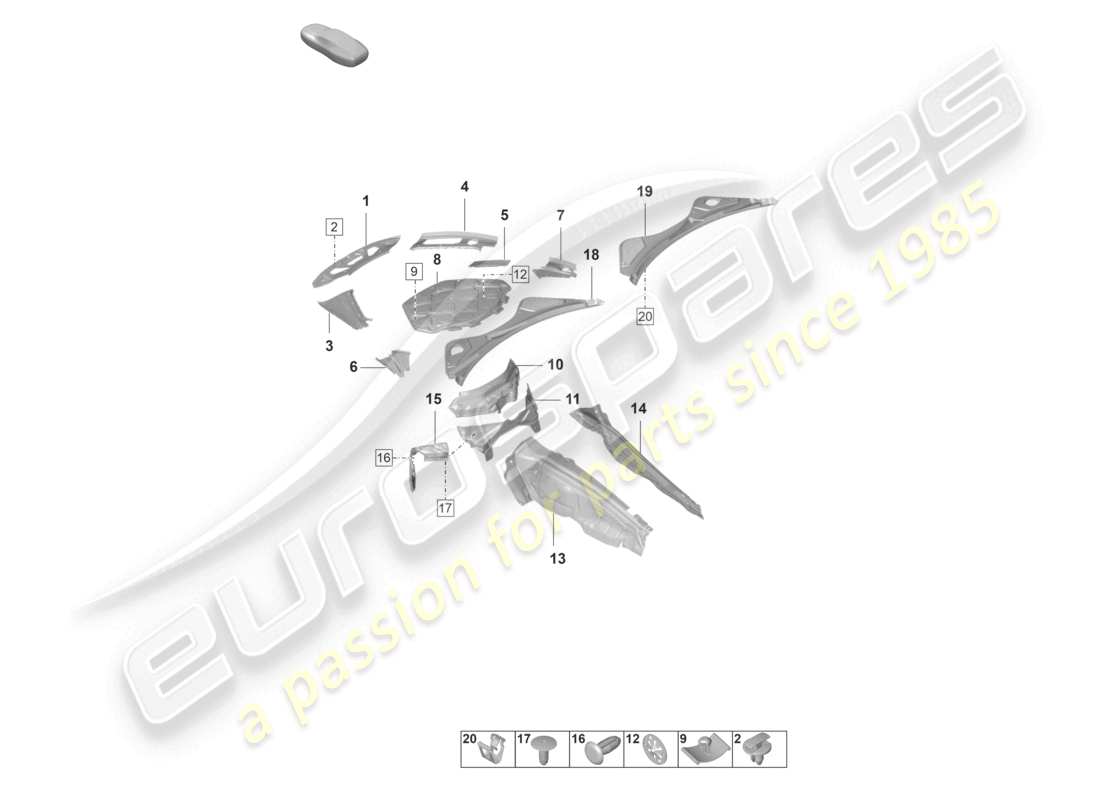 porsche 2022 (panamera 971-2) diagrama de piezas del amortiguador de sonido de la cubierta del compartimento del motor