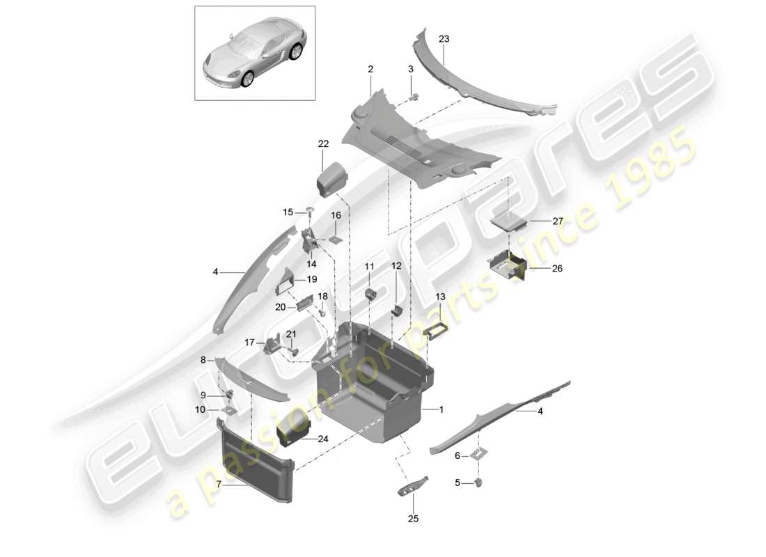 porsche 2024 (718 cayman) diagrama de piezas del revestimiento frontal del maletero